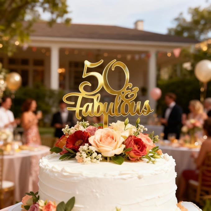 1PCS 50 Fabulous Cake Topper, Gold Acrylic Fifty Birthday Cake Decoration Cake Pick for 50th Anniversary Party Decoration Supplies (50)
