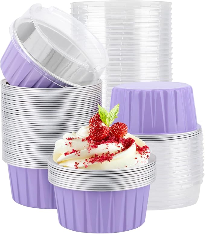 EUSOAR Aluminum Foil Baking Cups with Lids, 50pcs 5oz Creme Brulee Ramekins Disposable, Muffin Liners Cups Oven Safe Mini Cheesecake Foil Pans Dessert Containers with Lids for Party Favor Birthday