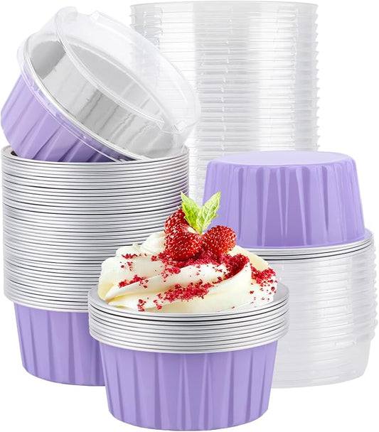 EUSOAR Aluminum Foil Baking Cups with Lids, 50pcs 5oz Creme Brulee Ramekins Disposable, Muffin Liners Cups Oven Safe Mini Cheesecake Foil Pans Dessert Containers with Lids for Party Favor Birthday