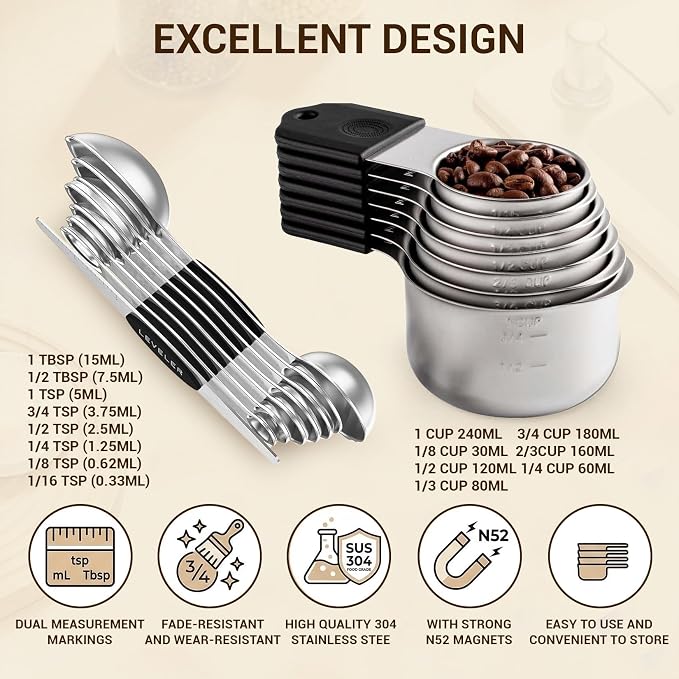 Magnetic Measuring Cups and Spoons Set 16 Piece, 304 Stainless Steel Measuring Cups Spoons with Leveler, Double Engraved Markings, Nesting Magnetic Design, Black Handle, for Baking Cooking Dry Liquid