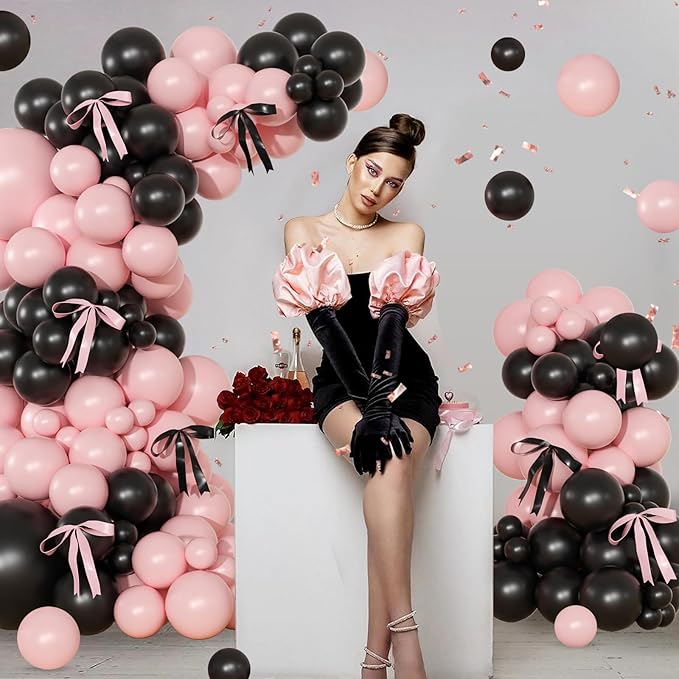 Pink Black Balloon Garland Arch Kit, 141Pcs Pink and Black Balloons Different Sizes 18 10 5 Inch and Bows for Coquette Birthday Wedding Baby Shower Bridal Shower Party Decorations
