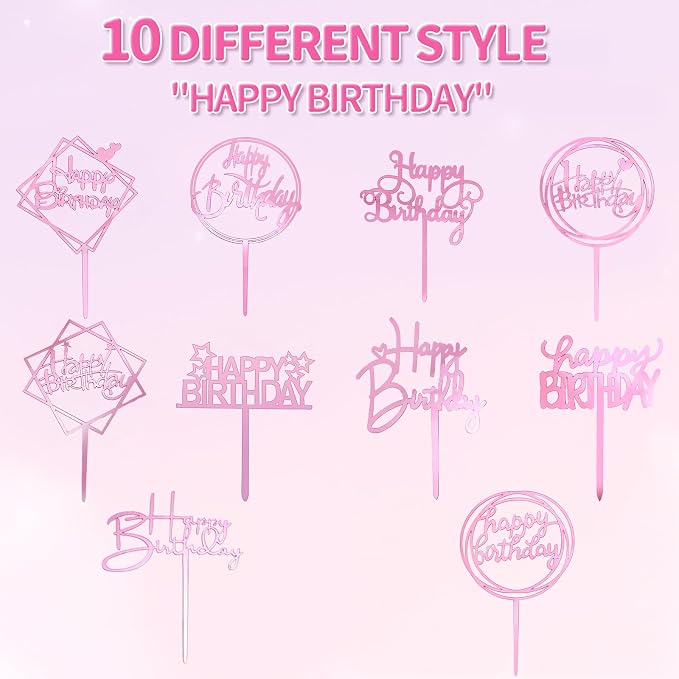 10-Pack Happy Birthday Cake Toppers,Gold Cake Toppers Acrylic Birthday Cake Supplies,4inchx6inch (Gold) (Rose Gold)