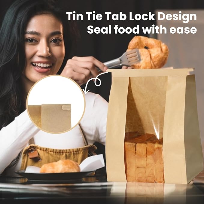 30PCS Sourdough Bread Bags for Homemade Bread Tin Tie Tab Lock Paper Large Bakery Bags with Window for Baked Food Packaging Storage Gift Giving Includes 30PCS Label Seal Stickers 13.7x8.3x3.5in
