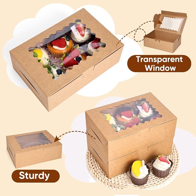 60pcs Cookie Boxes with Window for Gift Giving, 9x6x3 Inches Brown Bakery Boxes with Stickers, Holiday Packaging Gift Boxes for Cookie, Desserts, Chocolate Strawberries, Muffins, Donut, Cupcake