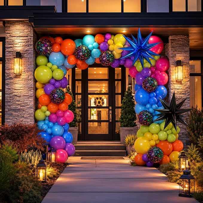 Neon Balloon Arch Kit, 122Pcs Bright Orange Green Blue Hot Pink Yellow Purple Black Rainbow Balloons with Foil Star Balloons for 80s 90s Neon Party Rainbow Birthday Decorations Disco Party Backdrop