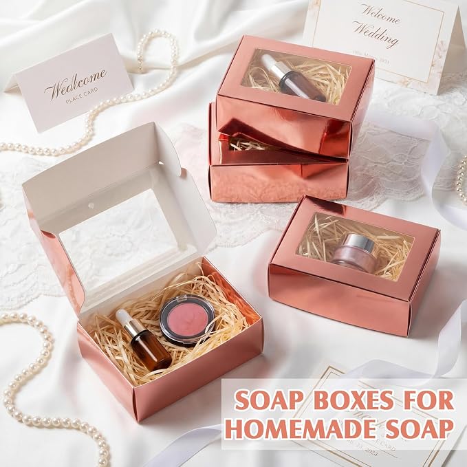 Zonon 60 Pcs Soap Boxes for Homemade Packaging, Mini Kraft Boxes with Window for Bakery Candy Soap Making Gift Packaging, 3.7x2.6x1.4 Inch (Rose Gold)
