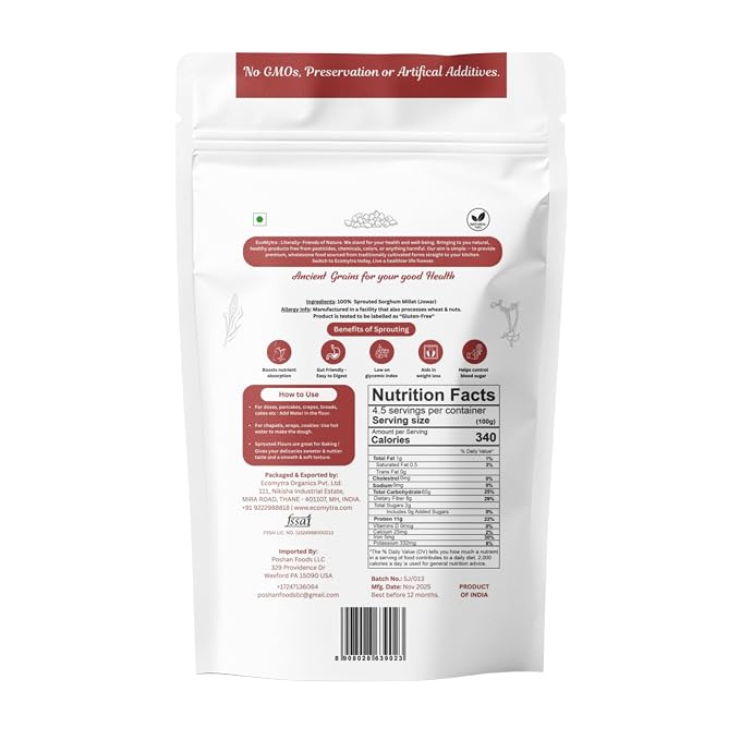 Ecomytra Sprouted Sorghum Flour - Jowar, Gluten Free Ancient Grain 1lb | 100% sprouted jowar (great millet), gluten free ancient grain. High fiber, non-GMO. For roti, baking & porridge