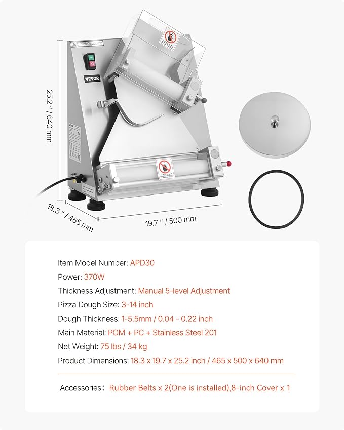 VEVOR Pizza Dough Roller Sheeter, 3-14 Inch Automatic Stainless Steel Pizza Press, Commercial Electric 370W Pasta Maker Machine, 260 pcs Per Hour, Adjustable Thickness, with Dough Press Lid