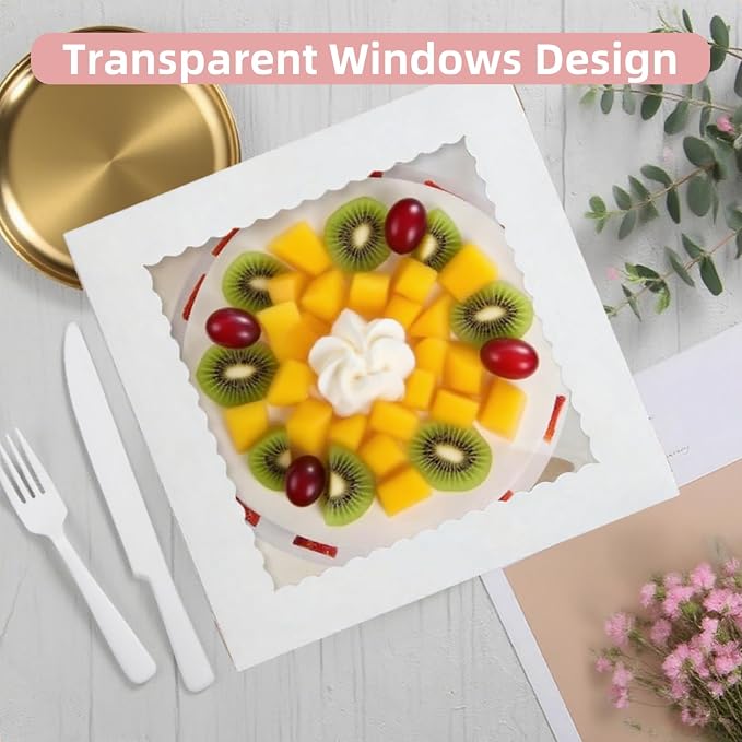 Cididu 20Pcs Cake Boxes 12 Inch, Tall Cake Box with Window and Boards for Multi-Layer Cakes, 350g Thick Cardboard White Bakery Box for Mother's Day Wedding Birthday Cakes Transport Box (12x12x8 Inch)