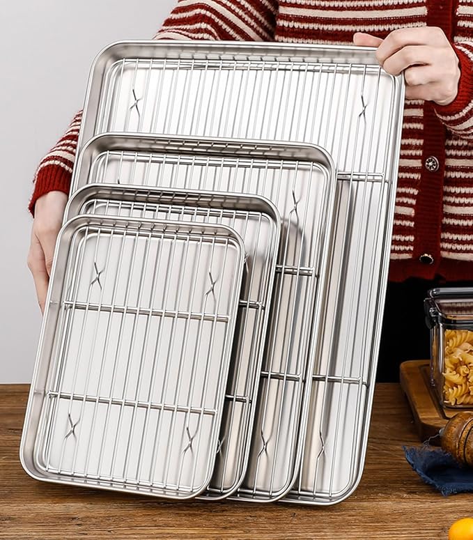 Small Deep Cookie Baking Sheet Pans with Cooling Wire Rest Racks Set 18/8 (304) Stainless Steel Tiny Serving Trays 10.4 x8.1 x1.1Inch Dishwasher Safe for 1~2 Person 2Pans & 2Racks