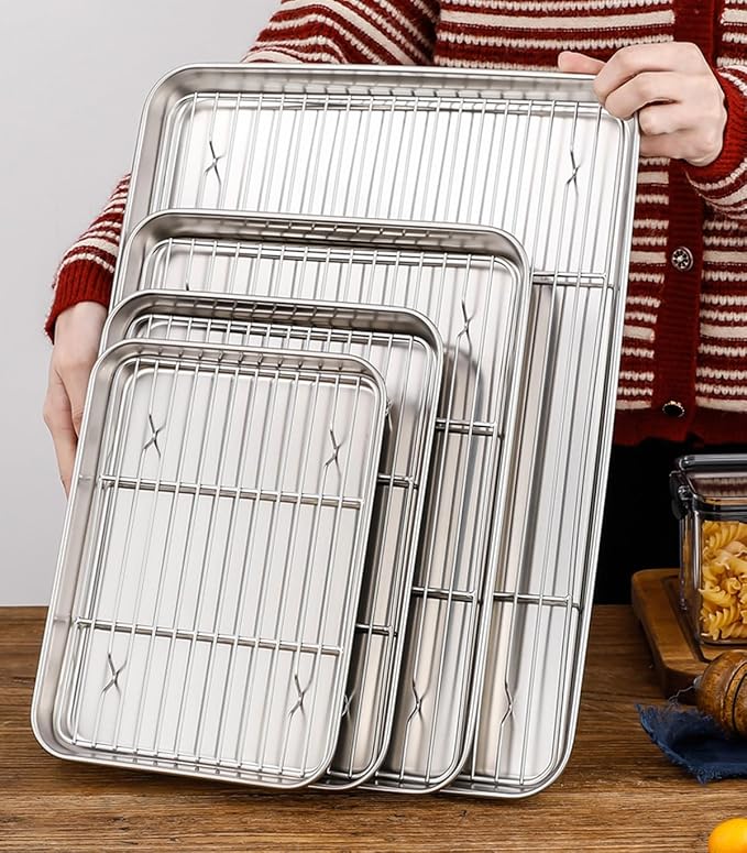 Quarter Deep Cookie Baking Sheet Pans with Cooling Wire Rest Rack Sets Pure 18/8 (304) Stainless Steel Small Serving Trays 12.4 x9.6 x1.1Inch Dishwasher Safe 2Pans & 2Racks