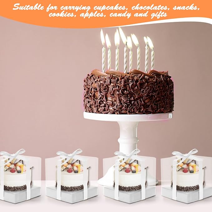 12 Pack Clear Plastic Cupcake Boxes, 3.5 Inch Silver Single Cupcake Containers Disposable Individual Cupcake Carrier Holder Box with Inserts and Ribbon Clear Boxes for Cupcakes (Silver)