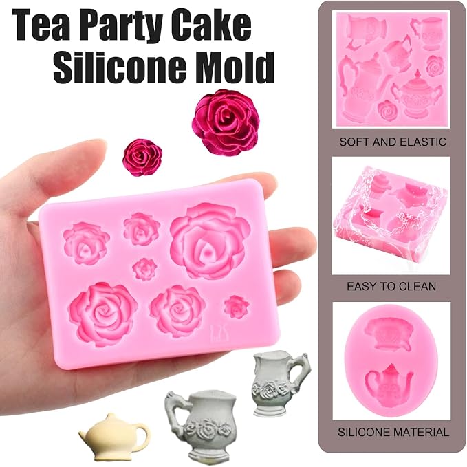 Mujiang Teapot Silicone Mold Tea Cup Fondant Mold Ice Cream Candy Molds Rose Flower Chocolate Mold For Tea Party Cake Decorating Cupcake Topper Polymer Clay Gum Paste Set Of 4