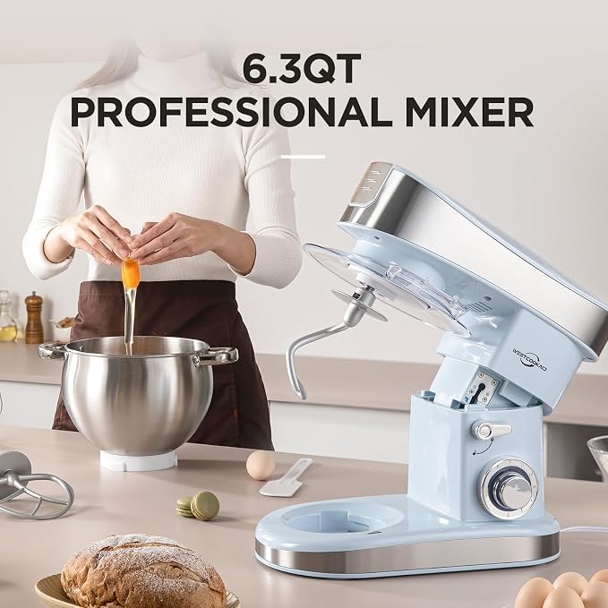 Stand Food Mixer, 6.3 Qt Stand Mixer, 400W 6-Speed with Pulse Tilt-Head, Kitchen Electric Mixer with Stainless Steel Bowl, Dough Hook, Whisk, Beater, Household Stand Mixer for Baking, Blue
