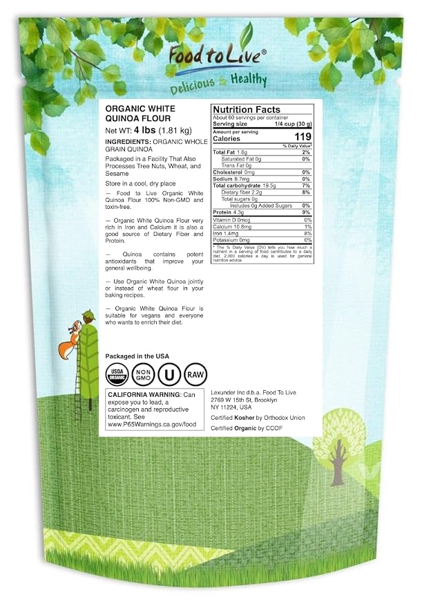 Food to Live Organic White Quinoa Flour, 4 Pounds – Non-GMO, Fine Ground Whole Grain, Vegan, Kosher, Bulk Powder, Perfect for Baking and as Thickener