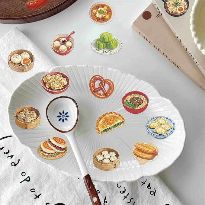 50 Pcs Delicous Foods Stickers PET Chinese Foods Stickers for Laptops Water Bottles Waterproof Transparent Decorative Decals for Phone Case Book Guitar Vinyl Decals for Kids Teens Adults