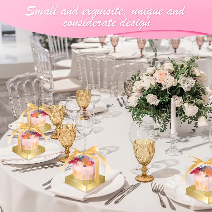 Thenshop 50 Pcs Clear Cupcake Boxes Individual 3.5 Inch Plastic Single Cupcake Containers Boxes with Inserts and Ribbon Individual Cake Storage Holders for Cake Kitchen(Gold)