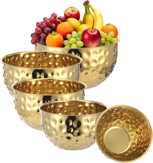 5 Pcs Stainless Steel Mixing Bowls, Gold Hammered Salad Bowl | 7.1/7.9/8.7/9.4/10.2 in, Round Stackable Serving Bowls for Kitchen Cooking, Baking, Food Prep