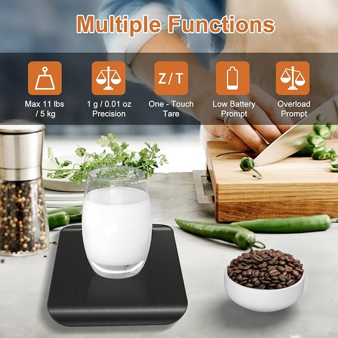 CROWNFUL Food Scale, 11 lb Digital Kitchen Scales with Built-in Coin Battery, Weight Ounces and Grams for Cooking and Baking, 6 Units with Tare Function, LCD Display, 304 Stainless Steel, Black