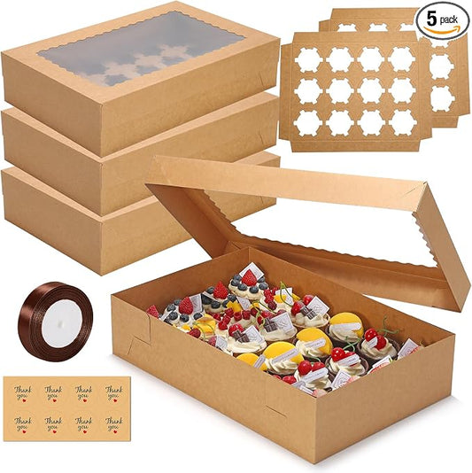 5 Pack 24 Count Standard Cupcake Boxes with Window & Inserts Brown | Cupcake Containers Bakery Box for Standard Muffins, Pastry Dessert for Birthday Party, Wedding, Baby Shower-17.5x11.5x4 Inch