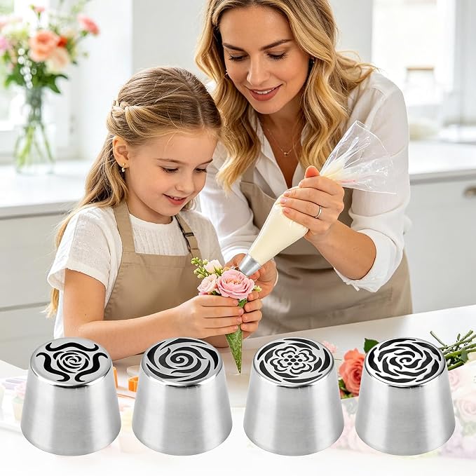 4 Pcs Large Russian Piping Tips Set, Frosting Nozzles Cream Icing Tips for Making & DIY Dessert Cookie Cake, 4 Floral Pattern Cake Decorating Supplies, Clean Brush Included