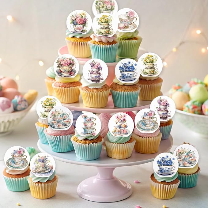 48PCS Edible Spring Floral Tea Cupcake Toppers Wafer Paper Vintage Teapot Vase Cake Picks Edible Floral Teapot Cupcake Toppers for Spring Teacups Princess Theme Cake Decor Supplies