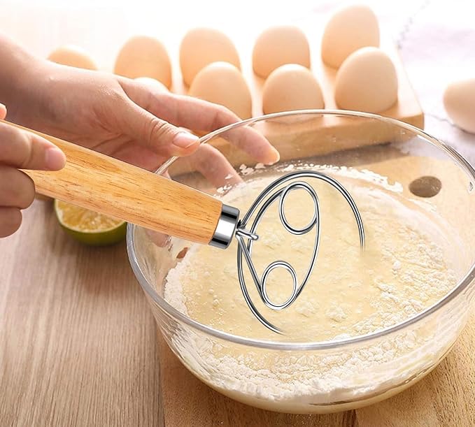 Danish Dough Whisk Stainless Steel Wood Handle for Sourdough Bread | Food Grade Stainless Steel; Dutch Whisk Dough Hook Alternative; Hand Dough Mixer Stirrer; No Lumps Mixing; Dishwasher Safe