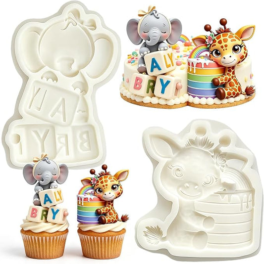 2Pcs 3D Elephant Giraffe Silicone Molds, Jungle Animal Cake Decorating Fondant Molds for Cake Decorating, Gum Paste, Birthday, Chocolate, Candy, Resin, Flexible Paste Pastry Baking Tool