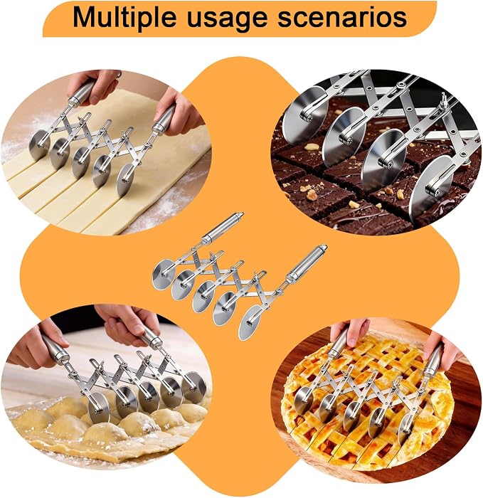 5-Wheel Pastry Cutter & Dough Divider - Adjustable Heavy Duty Stainless Steel Tool for Cinnamon Rolls, Brownies, Lattice, Pasta, Pizza | Achieve Perfect, Even Cuts Every Time