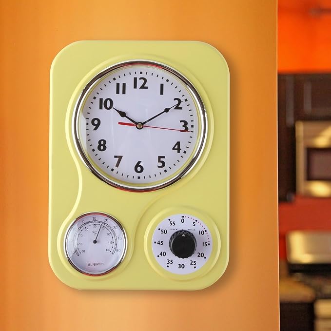 Lily's Home - 9 Inch x 12.5 Inch - Retro Kitchen Wall Clock, Vintage Wall Clock with a Thermometer and 60-Minute Timer, Ideal for Any Kitchen, Office, or Diner (Yellow)