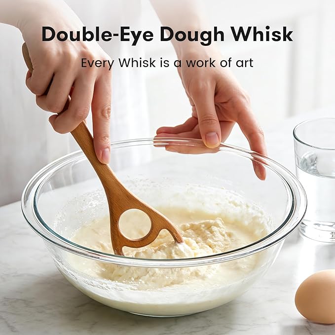 Wooden Danish Dough Whisk - 12.6" Handcrafted Dutch Bread Whisk for Batter, Pizza Dough & Baking - Upgraded One-Piece Sourdough Whisk with Flow-Through Design-2 Pack