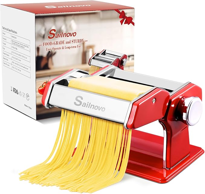 Sailnovo Pasta Maker Machine, 180 Roller Pasta Maker, 9 Adjustable Thickness Settings 2-in-1 Noodles Maker with Rollers and Cutter, Perfect for Spaghetti, Fettuccini, Lasagna or Dumpling Skin Red