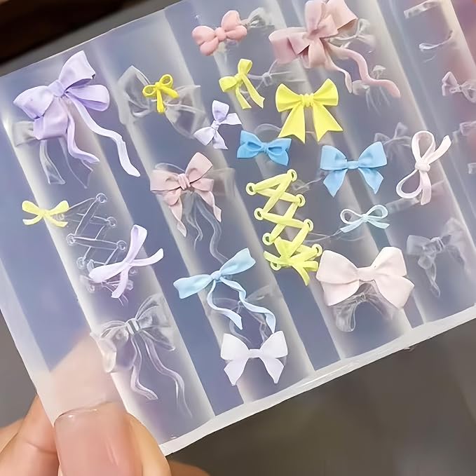 Bow Nail Art Silicone Mold for Acrylic Nails, 3D Ribbon & Lace Nail Charms Mold, Flexible Reusable Silicone Mold for Nail Art Decoration, DIY Nail Accessories for Gel Acrylic Resin