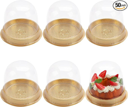 Hewnda 50 Sets Cake Box - Internal Size Diameter 4-3/8 Inch X Height 4-1/8 Inch Clear Plastic Dome Carrier - Single Cake Container Carry Reinforcement Stickers (Gold)