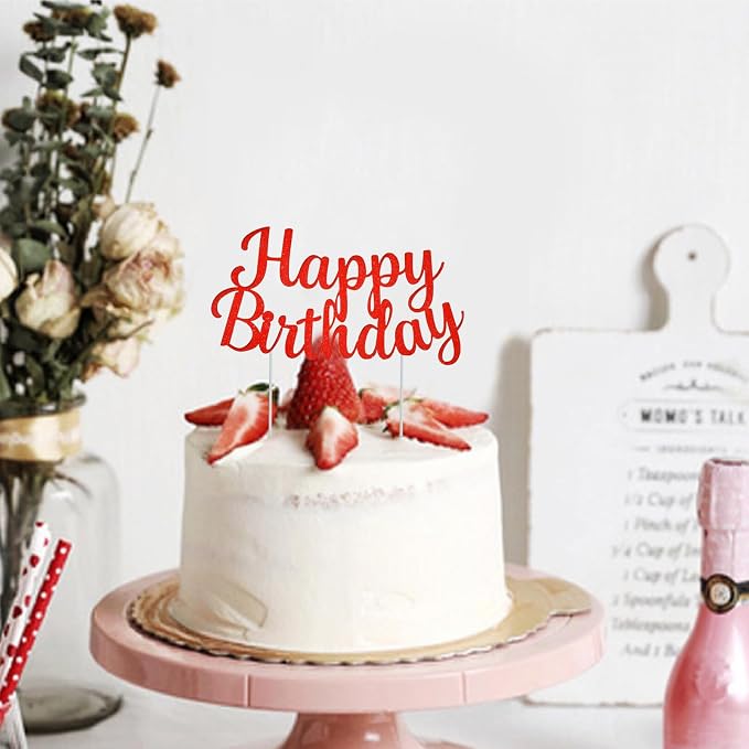 BEISHIDA Red happy birthday Cake Topper, Happy Birthday Cake Bunting Decor,Birthday Party Decoration Supplies，Photo Booth Props