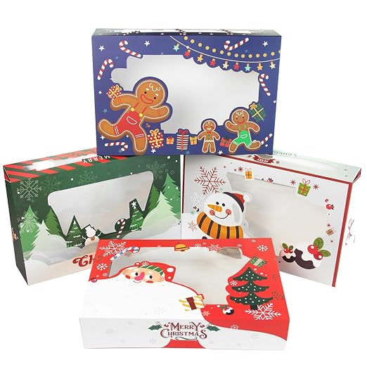 qiqee Christmas Cookie Boxes for Gift Giving 8x5.3x2 inch 50Packs Christmas Bakery Box with Window Treat Box for Donuts Candies and Biscuit
