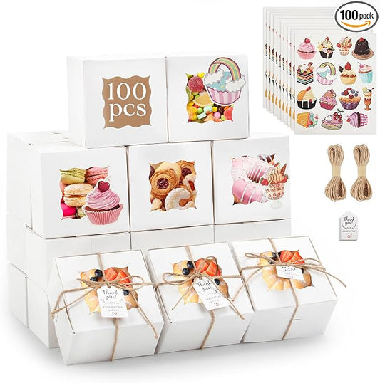 OAMCEG 100pcs Cookie Boxes with Window, 4x4x2.5 Inch Bakery Treat Boxes with Cake-Themed Stickers for Mini Cake, Pastry, Dessert, Chocolate, Strawberries, Party Favors (White)