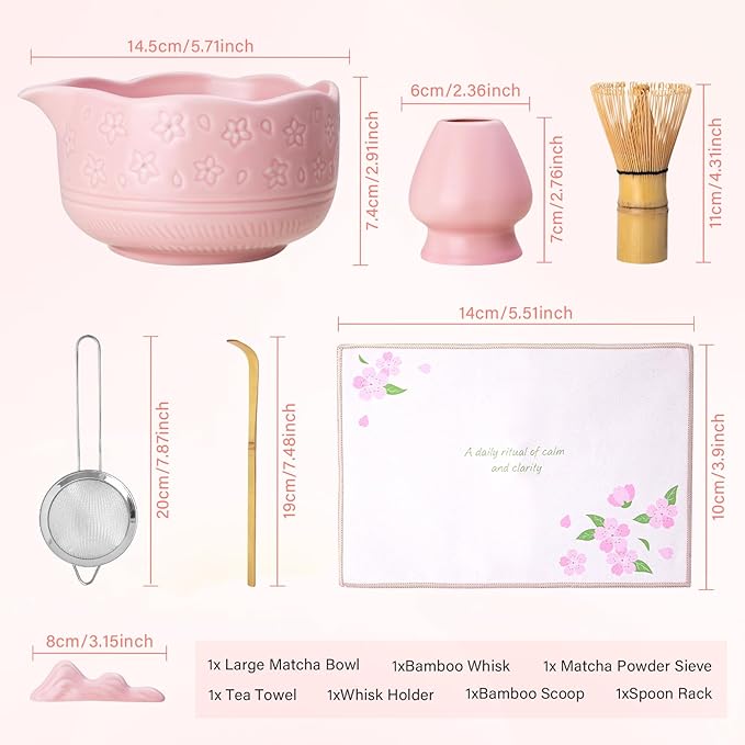 ALBISS Matcha Whisk Gift Set - 7Pcs Ceramic Matcha Kit with 18oz Bowl & Cherry Blossom Design, Bamboo Whisk & Holder, Scoop, Rest, Sifter, Towel, Elegant Japanese Tea Set for Women Macha Lovers, Pink