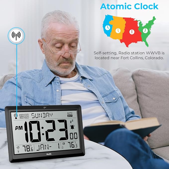 HODIK Wall Clock Atomic with Indoor Outdoor Temperature Battery Powered, Easy Reading with 10.5 Inch LCD Display, 330FT Range Table Wall Clock with DST, 12/24 Hour for Living Room Kicthen (Black)