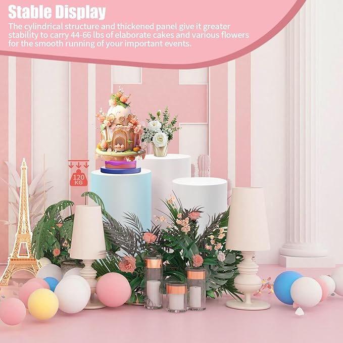 3 PCS Cylinder Stands for Party, White Round Cake Pedestal Stand Metal Cylinder Pedestal Stand Dessert Table Display Pillars for Wedding Birthday Banquet Baby Shower Parties Event Decor 23.62''(L) 21.65''(M) 19.68''(S)