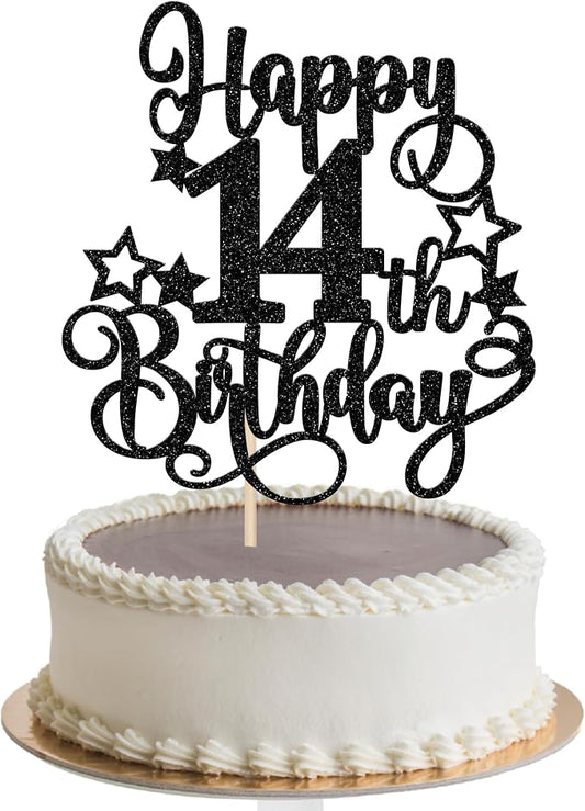 1 PCS Happy 14st Birthday Cake Topper Glitter Cheers to 14 Years Birthday Cake Pick Hello 14 Fabulous Cake Decoration for Happy 14st Birthday Anniversary Party Decorations Supplies Black