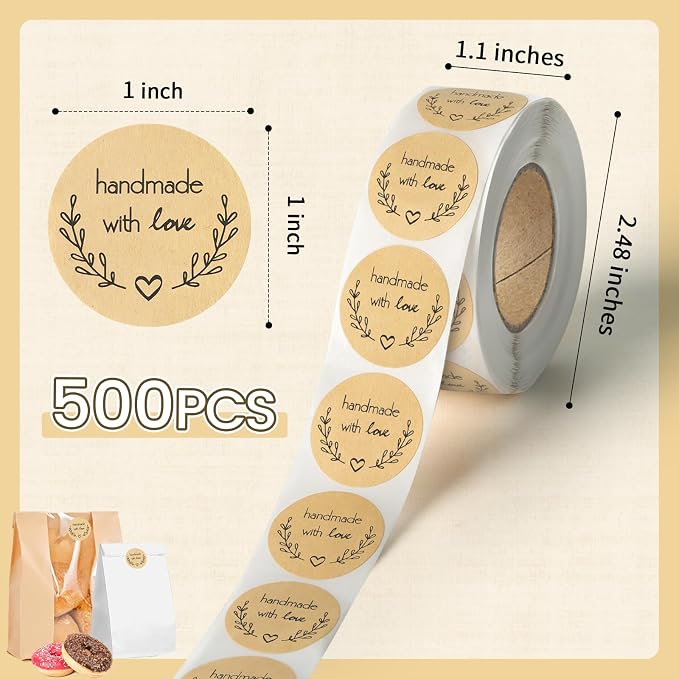 500PCS Handmade with Love Stickers, Kraft Made with Love Tags 1 Inch(25mm) Seal Labels Self-Adhesive for Baked Packaging Envelope Homemade Gift Small Business（Classic）