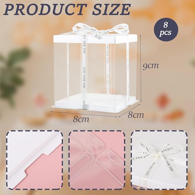 8Pcs Tall Cake Boxes Clear Box with Ribbon, 8x8x9 inch, for 6" cajas para pasteles Tiered Cakes,Transport Gift Boxes for Wedding and Gift Display. (Cream, 8 * 8 * 9 inch/8pcs)