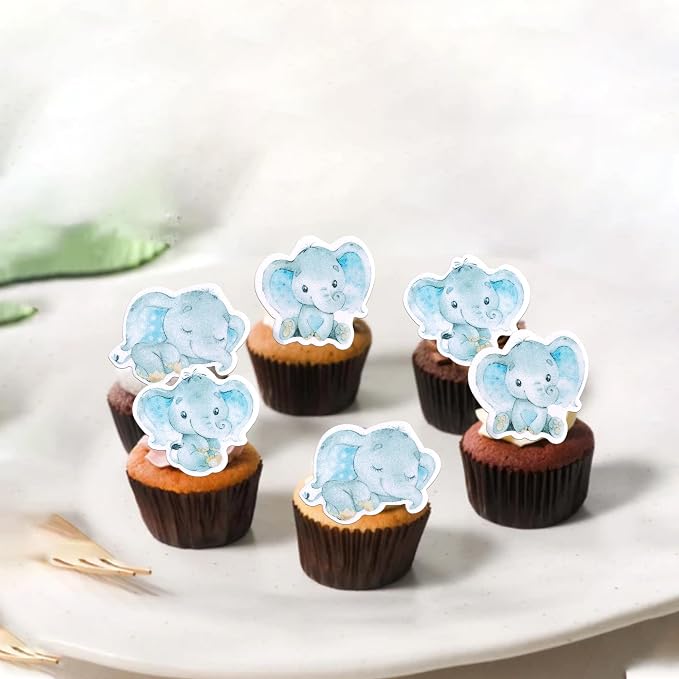 60 PCS Edible Blue Elephant Cupcake Toppers It's a Boy Baby Shower Cupcake Picks Edible Elephant Cake Decorations for Elephant Theme Baby Shower Kids Boys Birthday Party Food Decorations Supplies