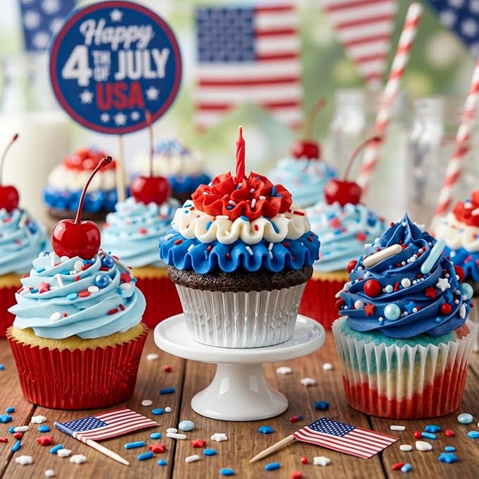 Edible Patriotic Sprinkles, 4th of July, 130g/4.59oz, Red White and Blue Sprinkles for Cake Decorating, Cake Decorations, Cupcake Toppers (Stars/Jimmies/Nonpareils）