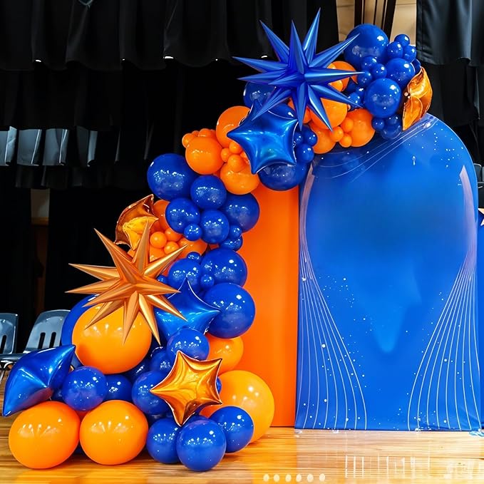 Orange and Blue Balloon Arch Garland Kit, Royal Blue Metallic Gold Orange Balloons with Star Foil Balloons for Boy Men Birthday Party Graduation Decorations Baby Shower Backdrop