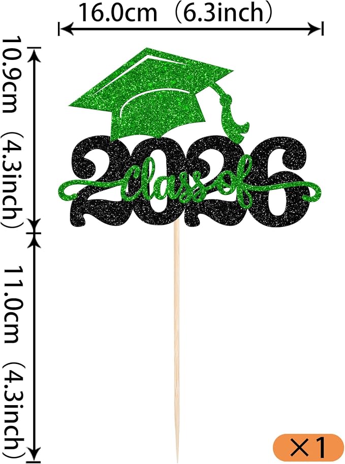 1 Pack Class of 2026 Cake Topper Glitter Congrats Grad Cap 2026 Graduation Cake Pick for 2026 Graduation Theme High School Boys Girls Graduate Party Cake Decorations Supplies Black Green