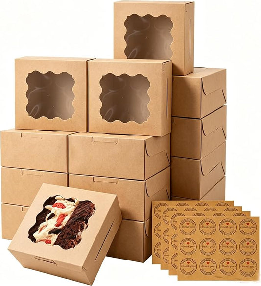 YAYODS 100 Pack Cookie Boxes 6x6x3 Bakery Boxes with Window, Small Kraft Treat Box with Stickers for Desserts, Pastry, Small Donut, Individual Cupcakes, Baked Goods