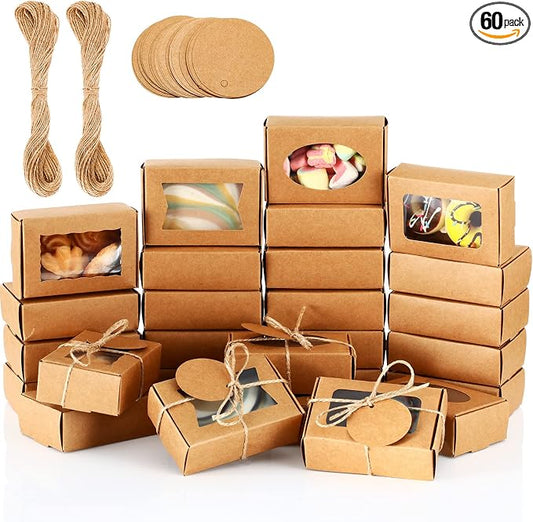 Yexiya 60 Pcs Homemade Soap Boxes 3.55 x 2.4 x 1.2 Inch Kraft Soap Box with Window Mini Gift Packaging Supplies for Homemade Bakery Candy Cookies Party Favor(Kraft Color)