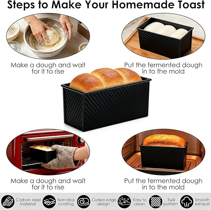 Saiveina 【5 Bonus Heart Shaped Cake Pans 】 Pullman Loaf Pan with Lid, 1 lb Bread Loaf Pan Non-Stick Carbon Steel, Square Bakeware for Sandwich, Shokupan, Pain de Mie, Sourdough, Toast, Black